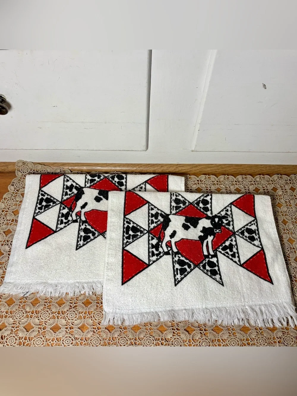 Vintage 80s/90s Cow Print Cotton Hand Kitchen Towels Set of Three